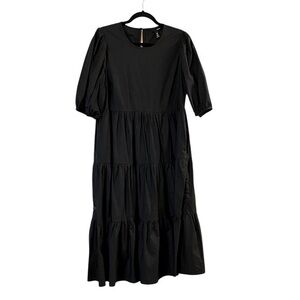 AQUA Black Tiered Poplin Midi Cotton Dress